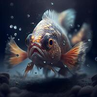 Underwater world. Fish on a dark background. 3d rendering, Image photo