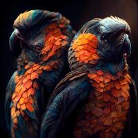 close up of two parrots on a black background. studio shot, Image photo