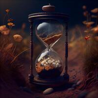 Hourglass in the desert. 3d rendering. Vintage style., Image photo