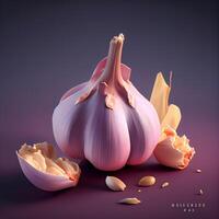 Garlic bulb and cloves on a dark background. 3d rendering, Image photo