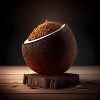 Coconut on a wooden table. Realistic illustration, 3d render, Image photo