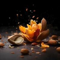 Falling nuts and dried apricots on a dark blue background, Image photo