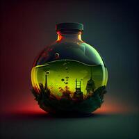 Magic potion in a glass bottle on a dark background. illustration., Image photo