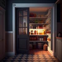 3D rendering of a pantry with shelves full of food., Image photo