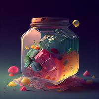 Mason jar with candies on dark background. 3d rendering, Image photo