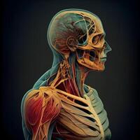 humano esqueleto anatomía, 3d representación médico concepto en oscuro fondo., ai generativo imagen foto