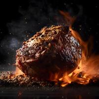 Roast beef on fire with smoke on black background, closeup, Image photo