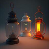 Three vintage lanterns on a dark background. 3D illustration., Image photo