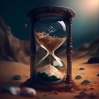 Hourglass with sand in desert. Time passing concept. 3D rendering, Image photo