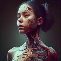 3d rendered illustration of a female face with blood on her skin, Image photo