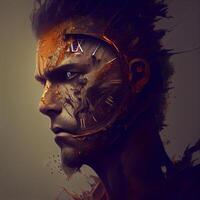 3D rendering of a male cyborg with golden skin and metal spikes, Image photo