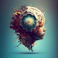 Abstract female face with gears and cogwheels. 3D rendering, Image photo
