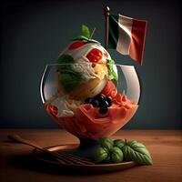 Ice cream in a glass bowl with the flag of Italy and basil leaves, Image photo