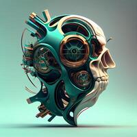 3D rendering of a robot head with gears and cogwheels, Image photo