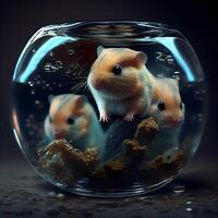 Hamsters in a glass bowl on a dark background. 3d rendering, Image photo