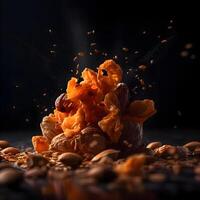 Pile of peeled hazelnuts on black background. Shallow depth of field, Image photo