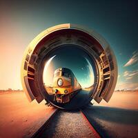 Train on the road at sunset. Travel concept. 3D rendering, Image photo