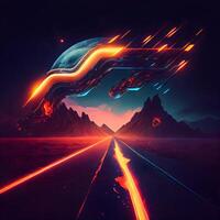 Futuristic road with neon lights. Futuristic landscape. illustration., Image photo
