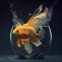 Goldfish jumping out of a round glass bowl with water drops., Image photo