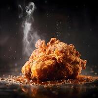 Fried chicken on a black background with smoke. Selective focus., Image photo