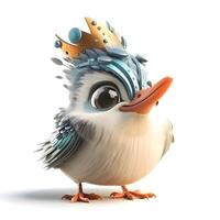 Cute cartoon bird with crown on white background - 3D illustration, Image photo