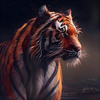 Beautiful tiger portrait in the dark. 3D Rendering., Image photo