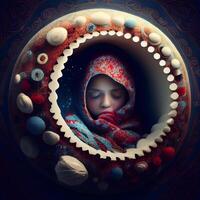 Girl in winter clothes in the hole of the planet. 3d rendering, Image photo