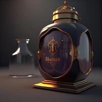 3d render of perfume bottle with golden label on dark background., Image photo