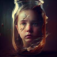 Portrait of a girl in a glass jar with blood splashes., Image photo