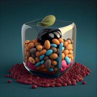 mezclado frijoles en un vaso frasco. 3d hacer ilustración., ai generativo imagen foto