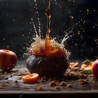 splash of orange juice and cherry tomatoes on a black background., Image photo