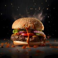 Cheeseburger with cheese, lettuce, tomato and onion on black background, Image photo