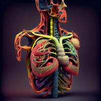 humano corazón anatomía en oscuro antecedentes. 3d ilustración. Clásico estilo., ai generativo imagen foto