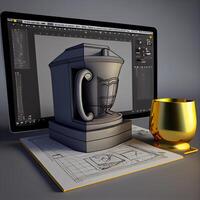 3d illustration of computer and cup of coffee over blueprints background, Image photo