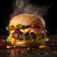 Hamburger with flying ingredients on a black background with smoke., Image photo