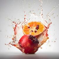 Apple and pomegranate with water splash on black background., Image photo