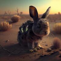 Easter bunny in the desert at sunset. 3D rendering., Image photo