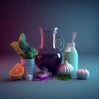 Vegetable oil in a jug and ingredients for cooking on a dark background, Image photo