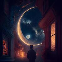 Halloween background. Silhouette of a man standing in front of a door and looking at the moon, Image photo