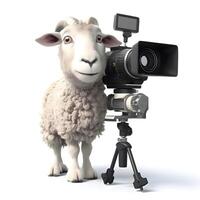 oveja con un cámara en un trípode. aislado en blanco fondo, ai generativo imagen foto