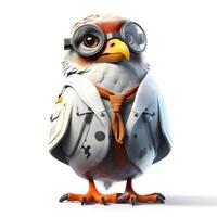 3D rendering of a cute cartoon pigeon with glasses on white background, Image photo