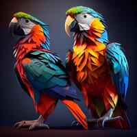 Colorful macaw parrots isolated on dark background. 3d rendering, Image photo