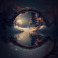 Winter forest at night with moon and reflection in water. 3D illustration, Image photo