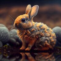 3D rendering of a little rabbit on a dark background with reflection, Image photo