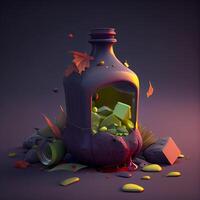 3d illustration of a bottle with spilled oil on a dark background, Image photo