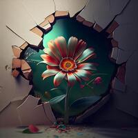 Broken wall with gerbera flower. 3d illustration., Image photo