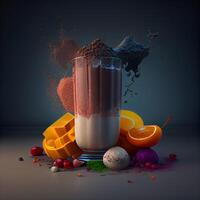 chocolate malteada con salpicaduras y frutas en oscuro fondo, ai generativo imagen foto