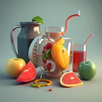 Jug and glass of fresh juice with fruits. 3d illustration, Image photo