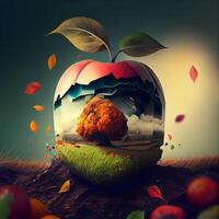 Fantasy landscape in the form of an apple with autumn leaves., Image photo