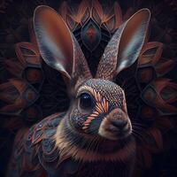 Hare head with mandala on abstract background. Digital painting., Image photo